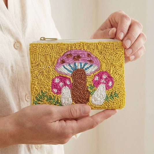 Vibrant Mushrooms Seed Beaded Coin Purse