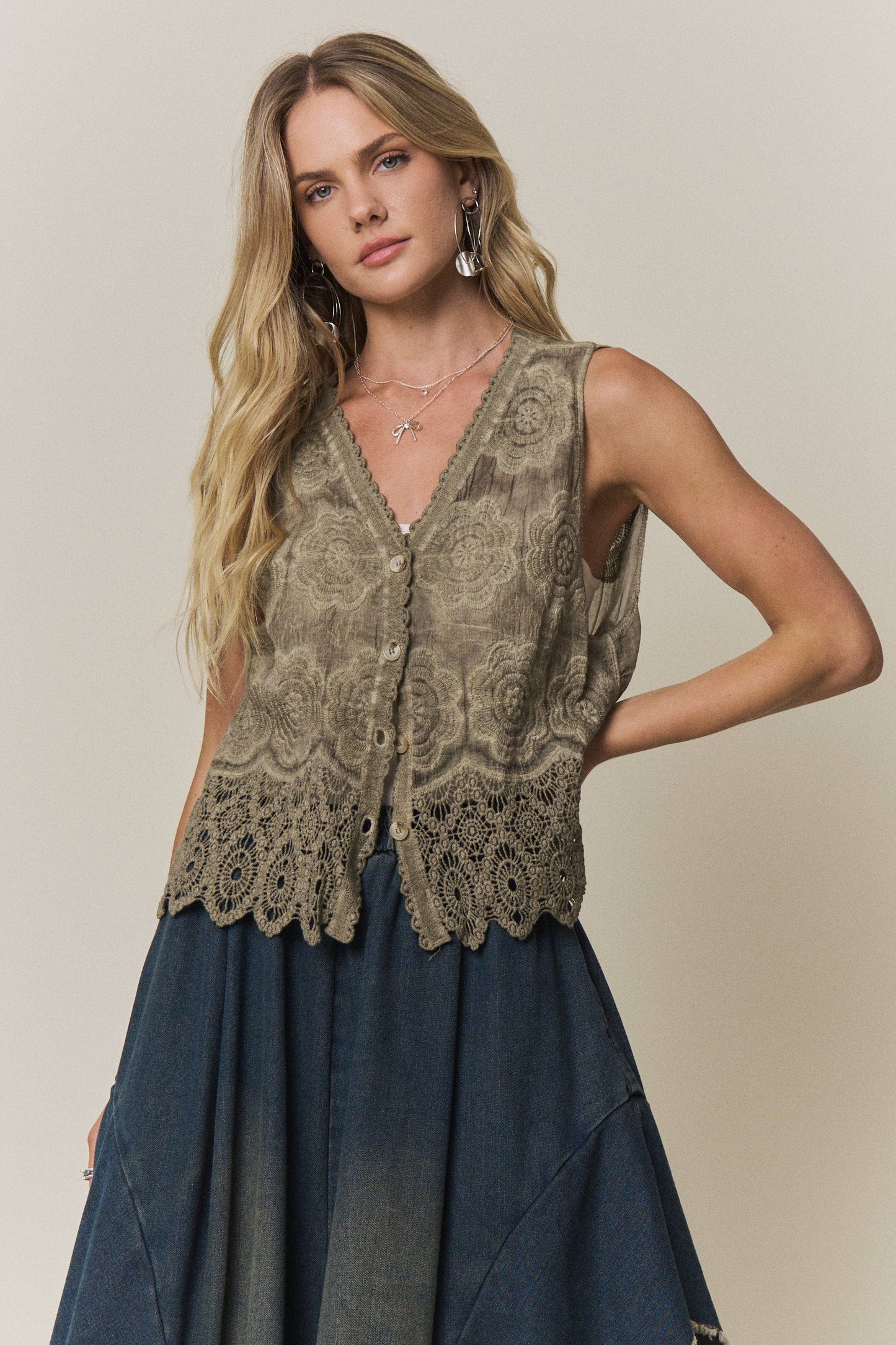 Boho Olive Crochet Lace Vest Tank
