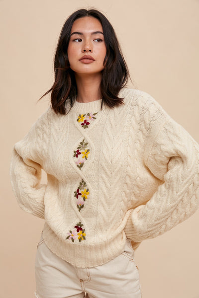 Floral Embroidered Cable Knit Sweater