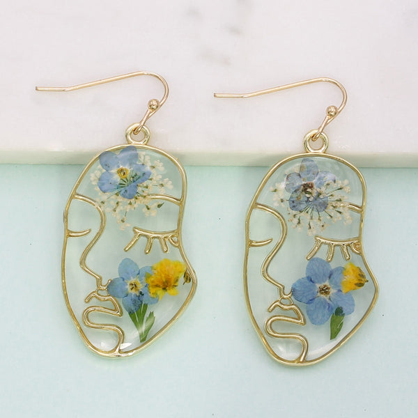 Charming Gold Face w/ Genuine Pressed Flowers Earrings