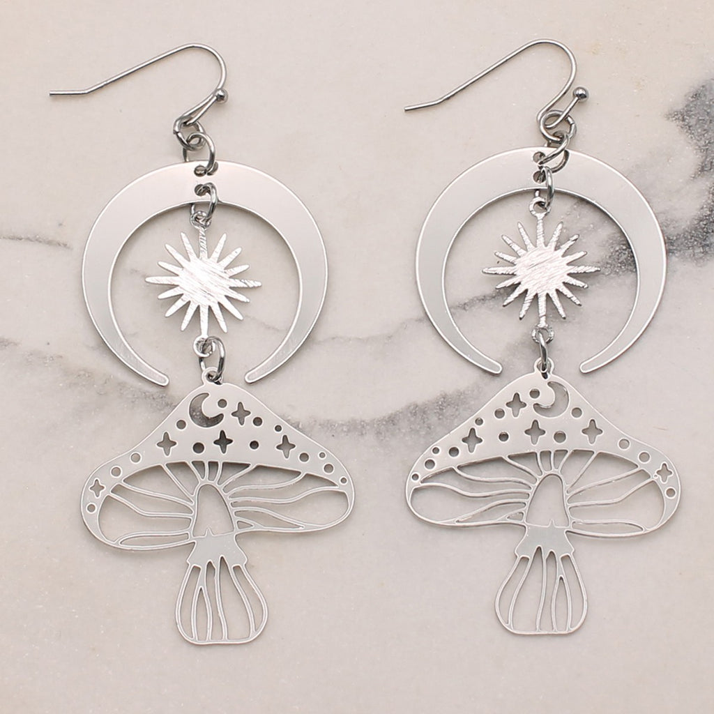 Silver Skies Mushroom Moon Earrings