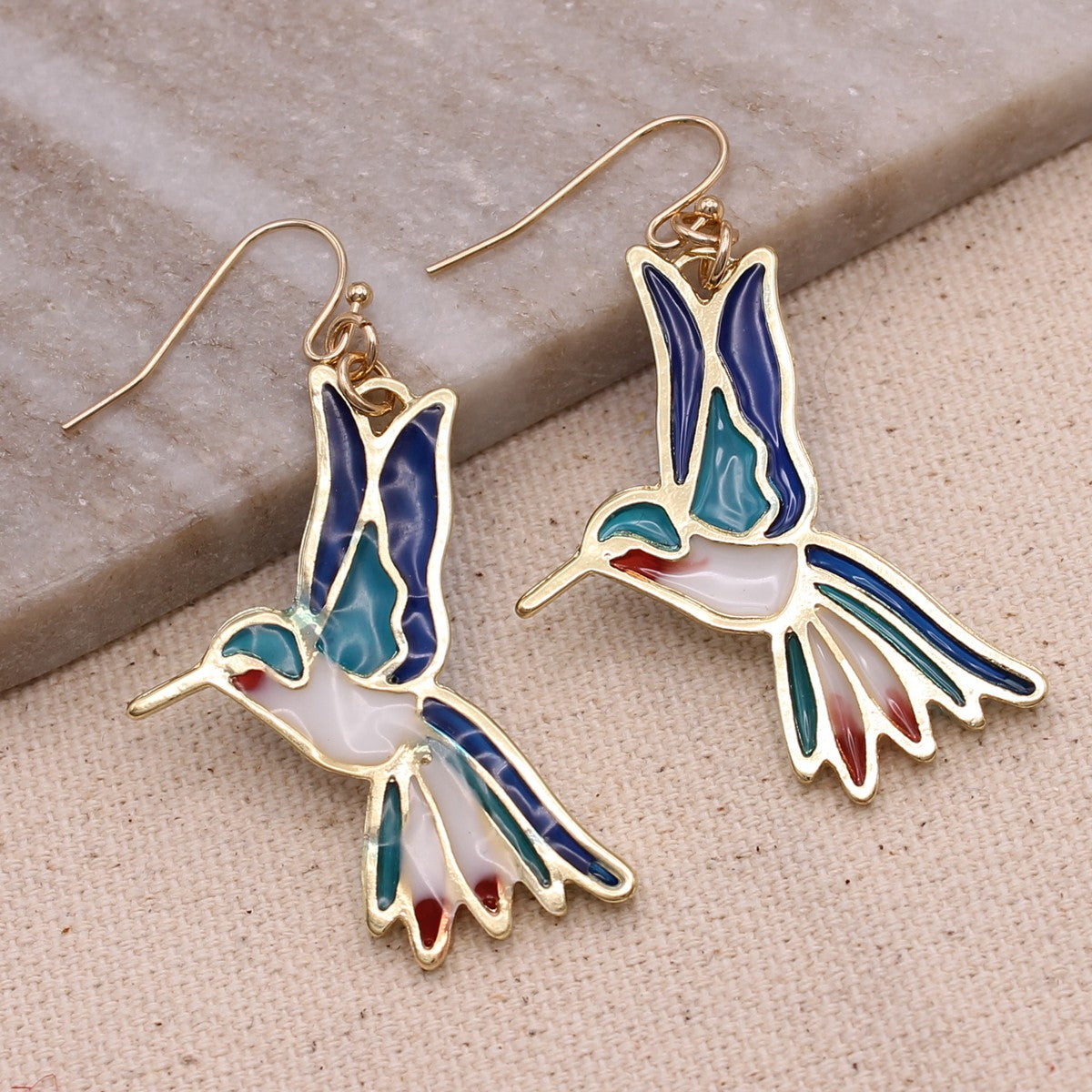 Stained Glass Gold Hummingbird Earrings