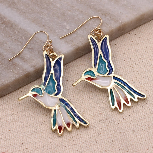 Stained Glass Gold Hummingbird Earrings