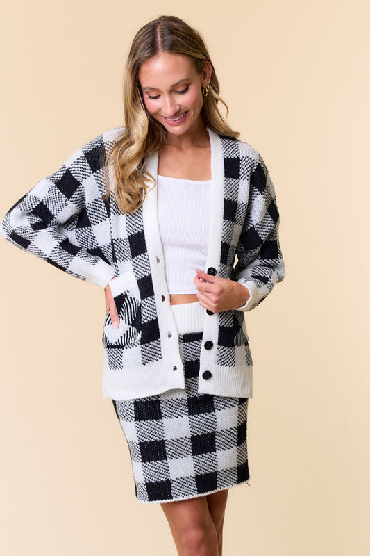 Plaid Print Button Down Cardigan & Skirt Set