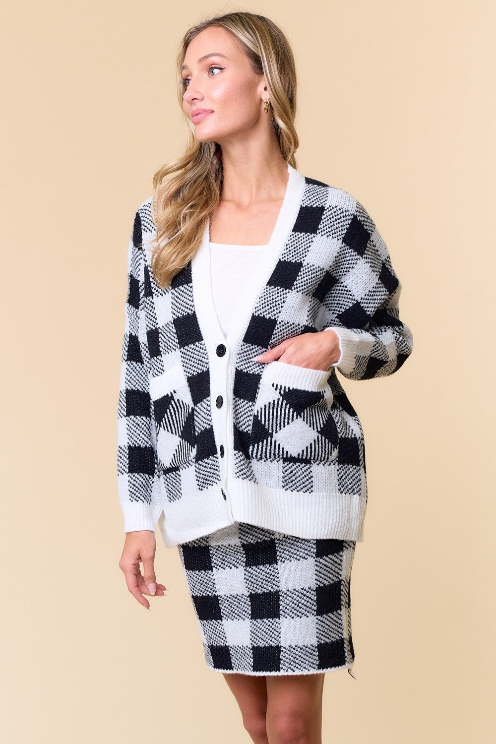 Plaid Print Button Down Cardigan & Skirt Set
