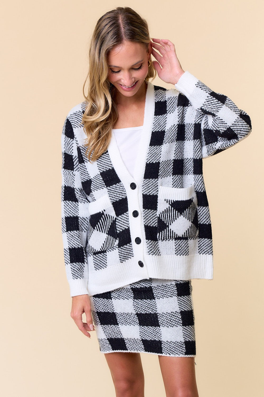 Plaid Print Button Down Cardigan & Skirt Set