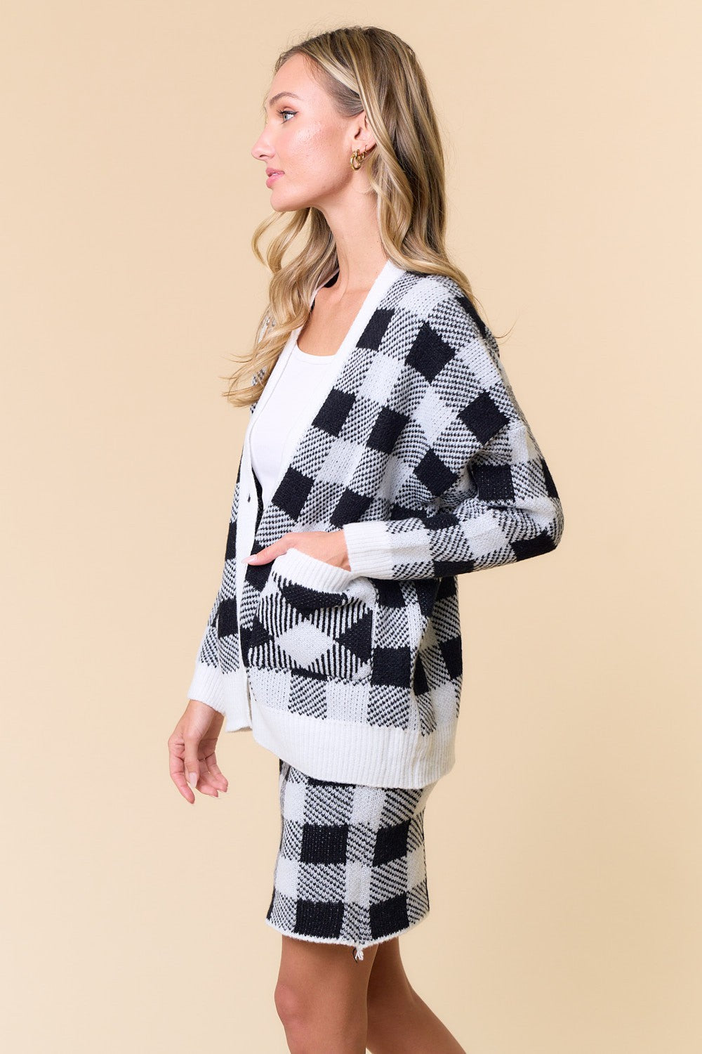 Plaid Print Button Down Cardigan & Skirt Set