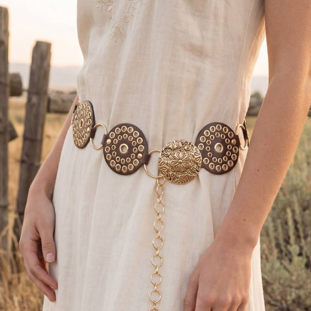 Vegan Leather Studded Disc Concho Chain Belt