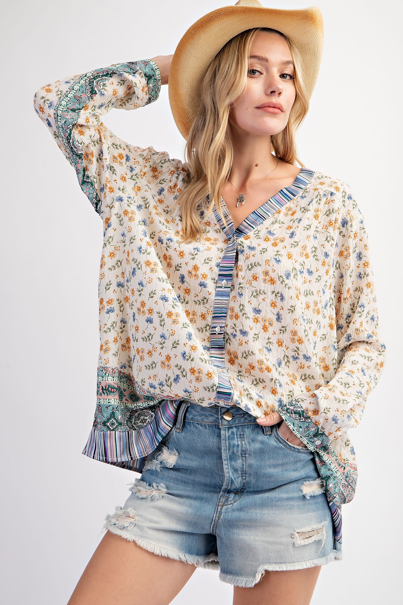 Plus Size Mixed Print Button Top