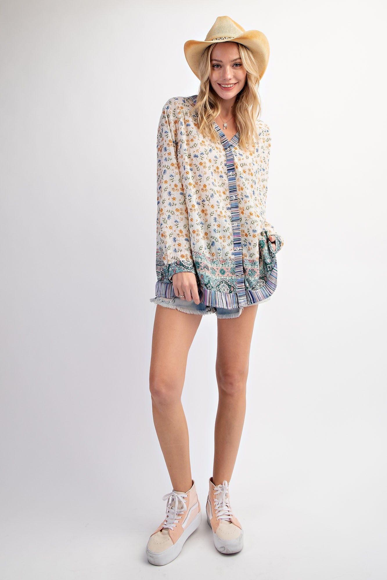 Plus Size Mixed Print Button Top