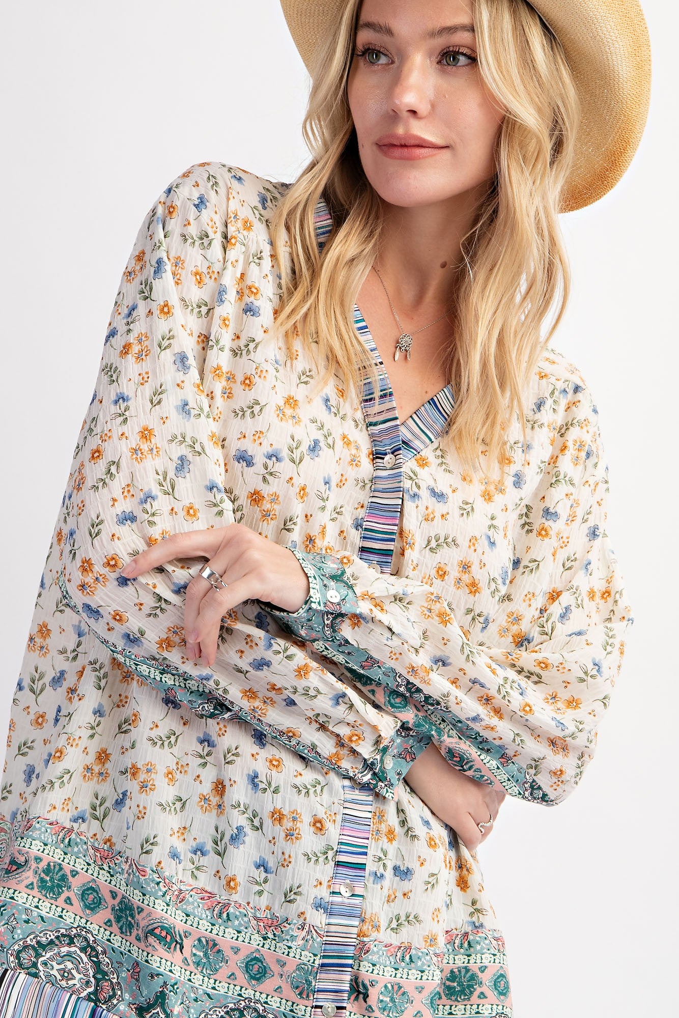 Plus Size Mixed Print Button Top