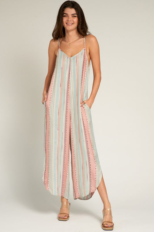 Multi Color Stripe Textured Sleeveless Jumpsuit