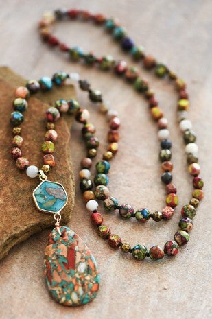 Stone Beaded Long Necklace, Large Stone Pendant