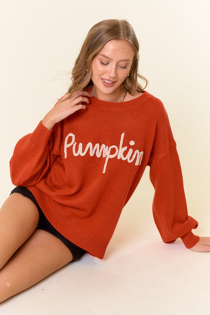 Pumpkin Embroidered Sweater Top