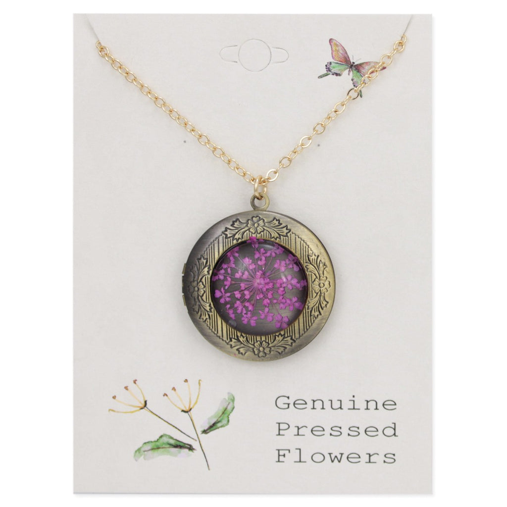 Vintage Purple Dried Flower Locket Necklace