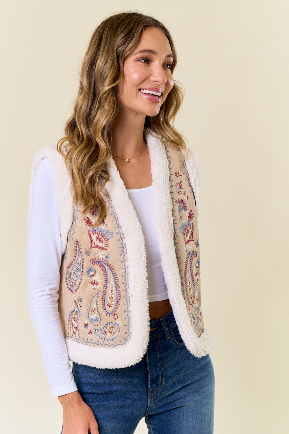 Paisley Embroidered Vest With Sherpa Lining