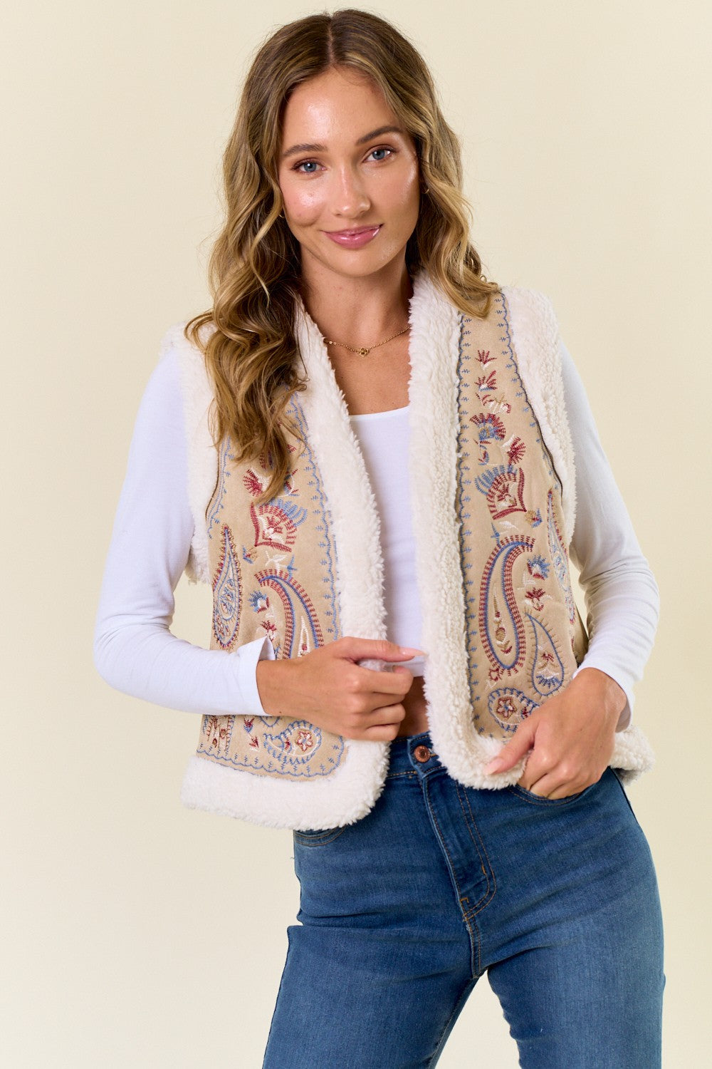 Paisley Embroidered Vest With Sherpa Lining
