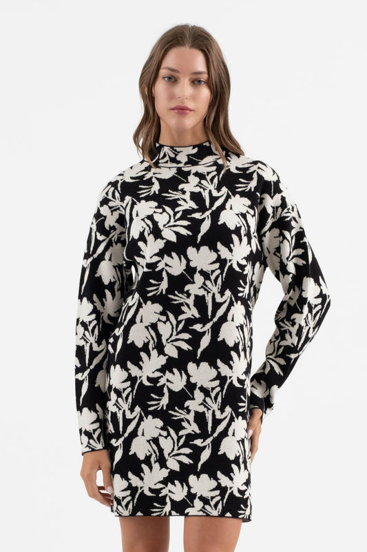Floral Mock Neck Long Sleeve Knit Sweater Dress