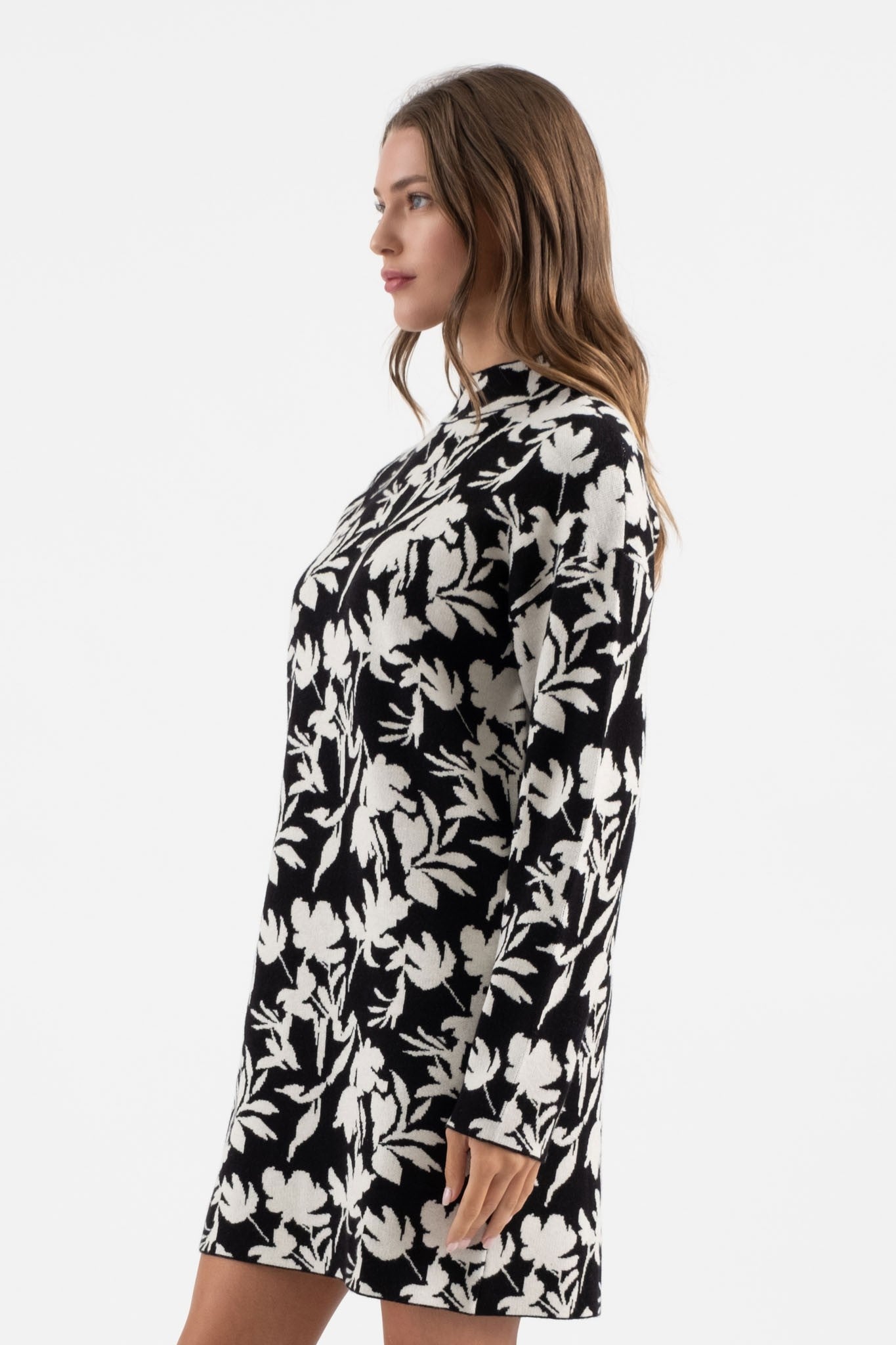 Floral Mock Neck Long Sleeve Knit Sweater Dress