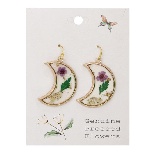Purple Floral Moon Dried Flower Gold Earrings