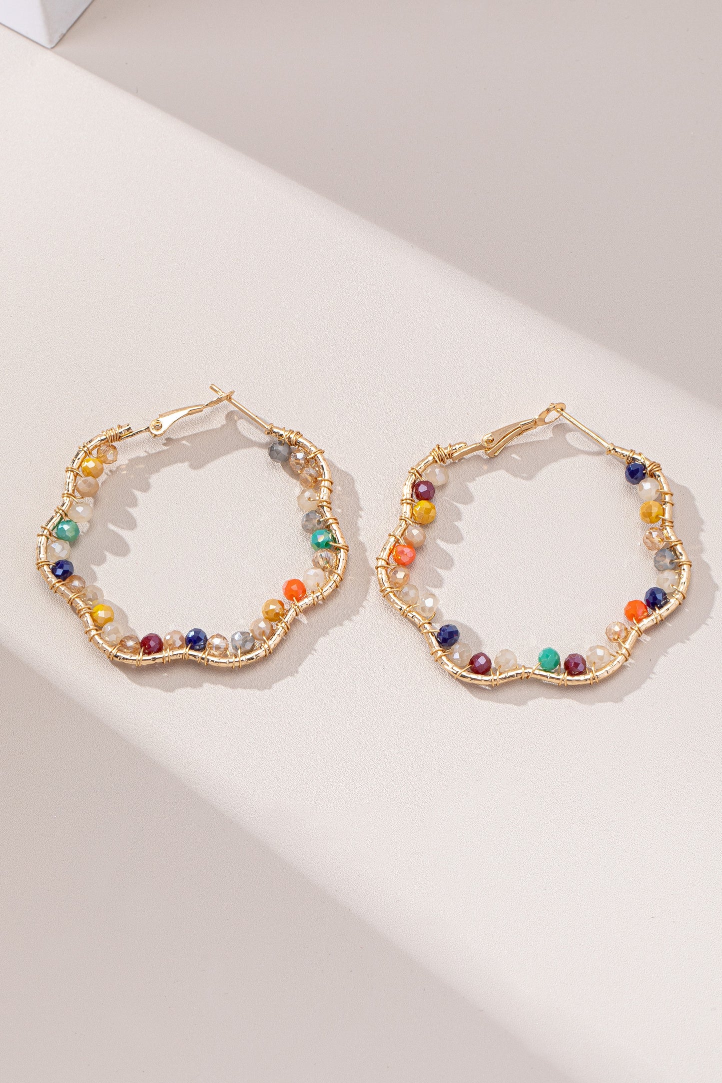 Wavy Gold Beaded Hoop Earrings