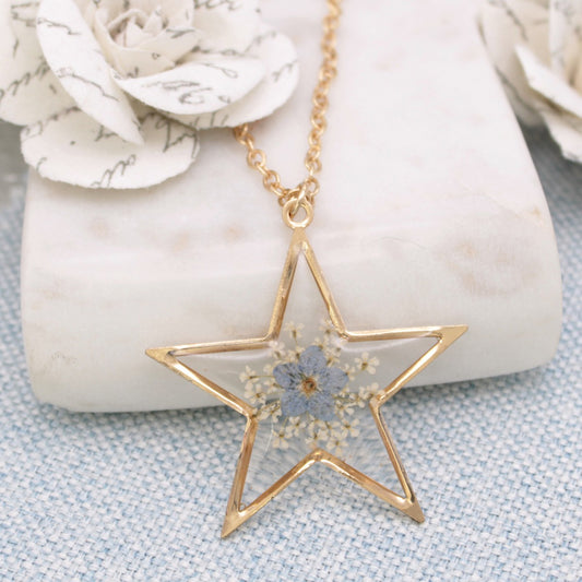 Gold Star Blue Dried Flower Necklace