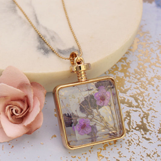 Faux Bottle Purple Dried Flower Necklace