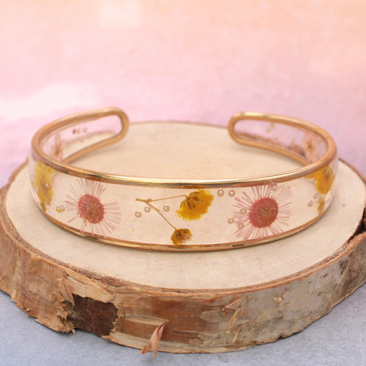 Yellow & Pink Dried Flower Cuff Bracelet