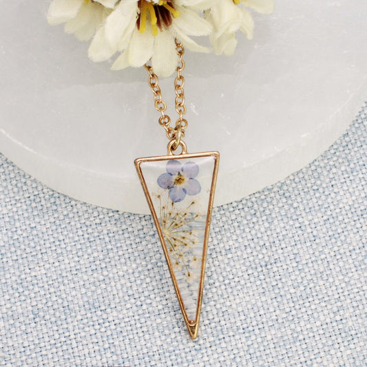 Long Triangle Gold Dried Flower Necklace