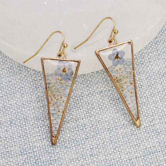 Long Triangle Gold Dried Flower Earrings