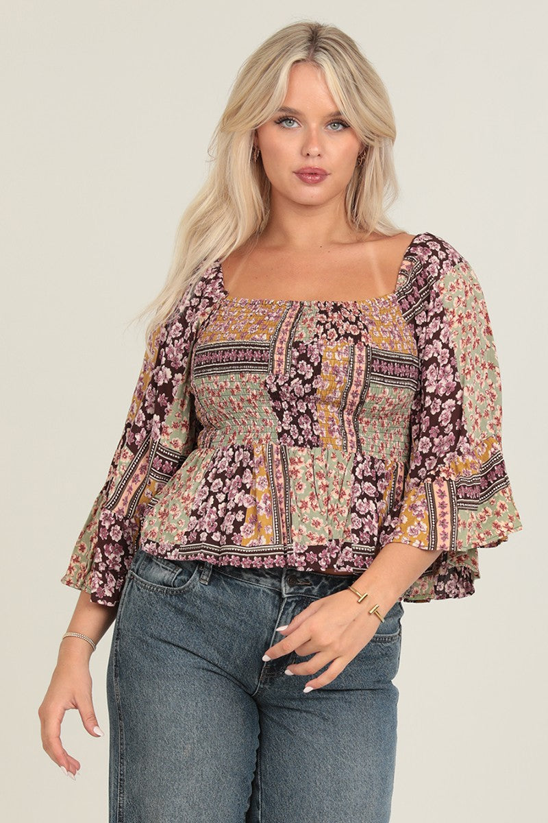 Smocked Bodice Top w/ Wide Sleeve