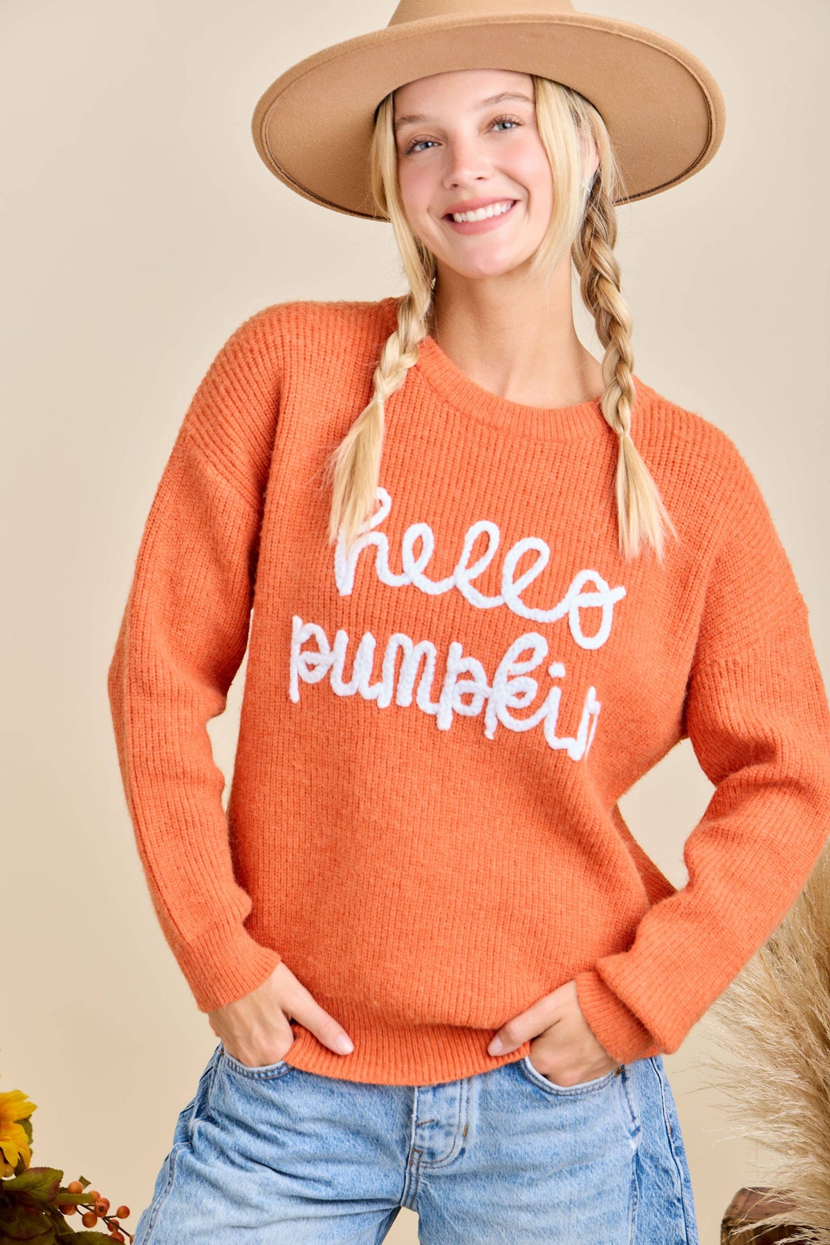 Hello Pumpkin Embroidered Knit Sweater