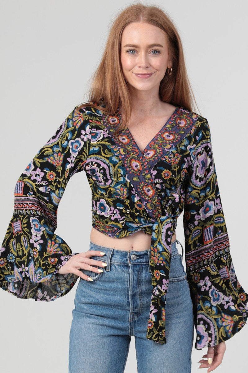 Flare Bell Sleeve Cropped Wrap Top