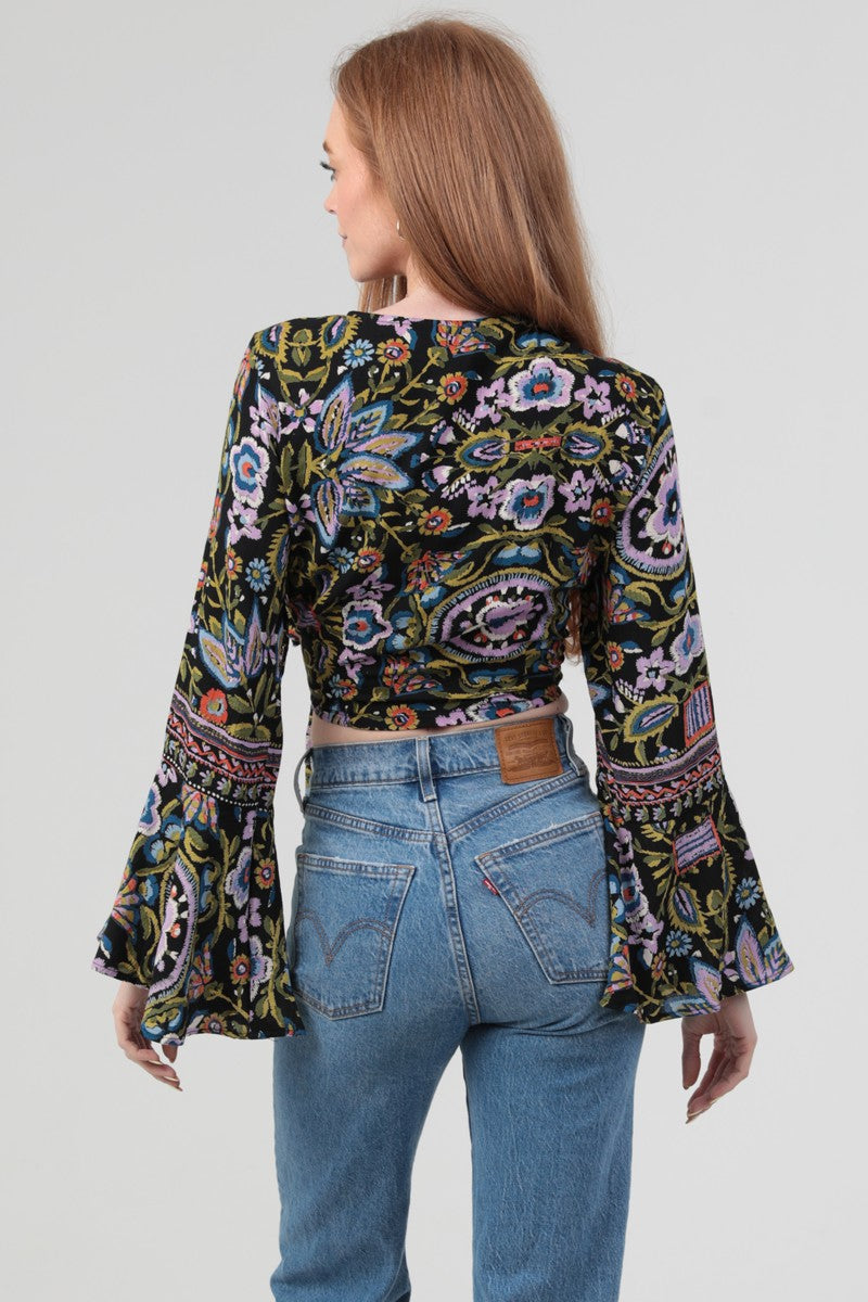 Flare Bell Sleeve Cropped Wrap Top