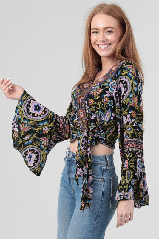 Flare Bell Sleeve Cropped Wrap Top