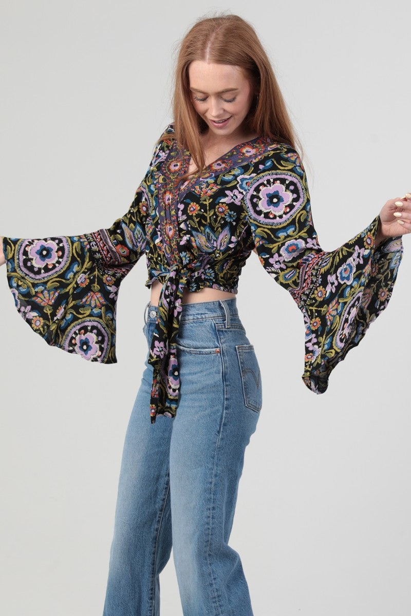 Flare Bell Sleeve Cropped Wrap Top