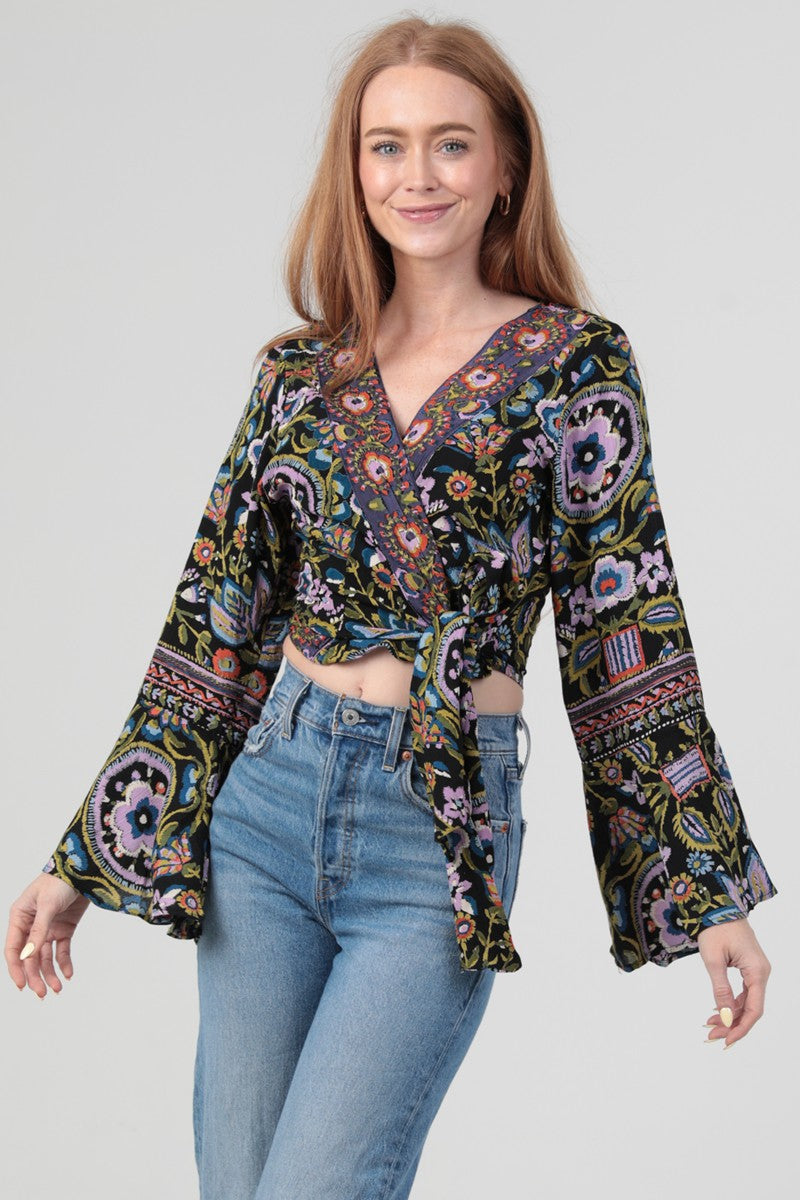 Flare Bell Sleeve Cropped Wrap Top