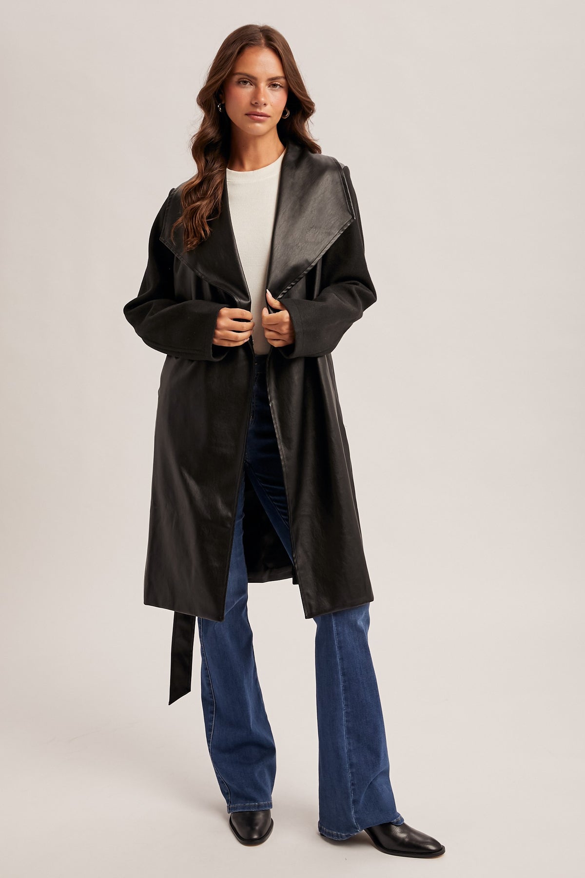 Faux Leather Belted Coat