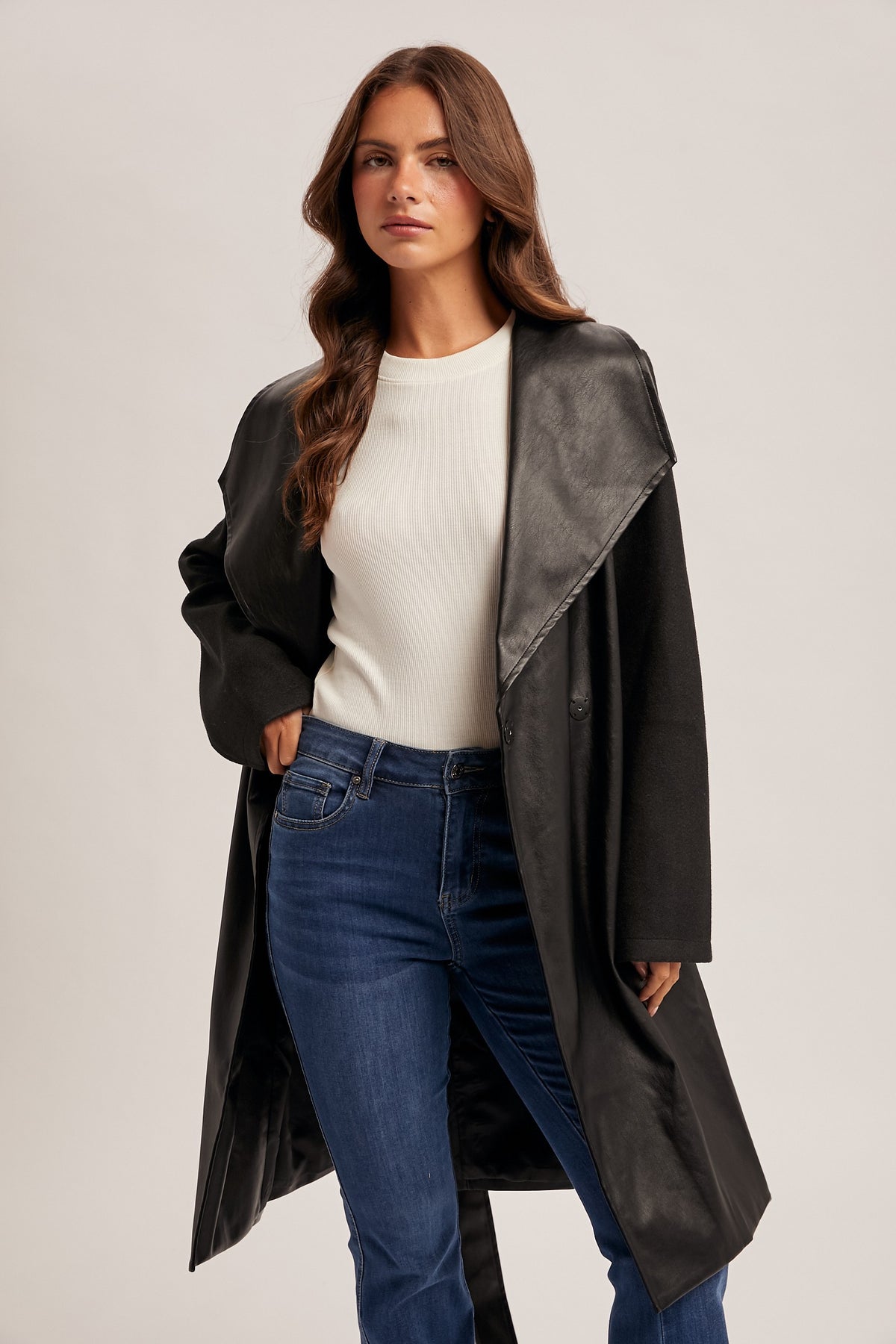 Faux Leather Belted Coat