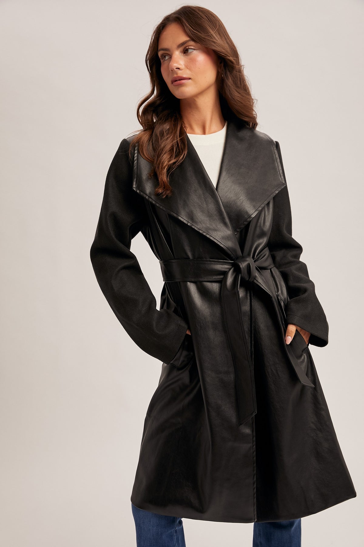 Faux Leather Belted Coat