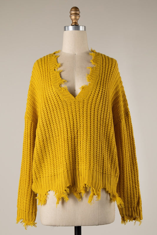 Distressed Mustard V-Neck Sweater