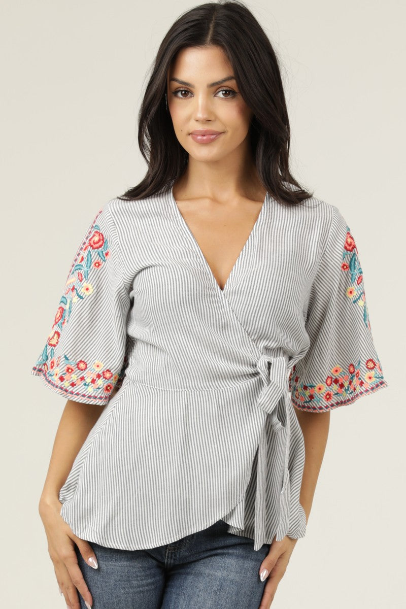 Embroidered Striped Wrap Top
