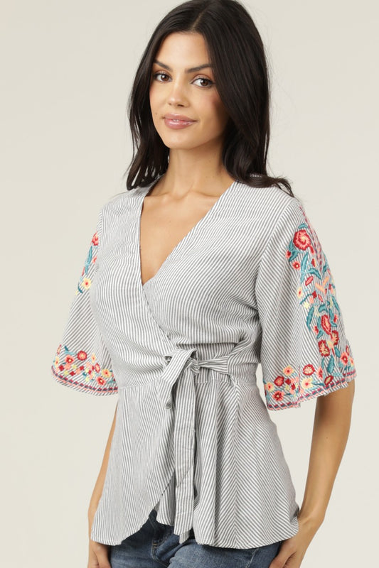Embroidered Striped Wrap Top
