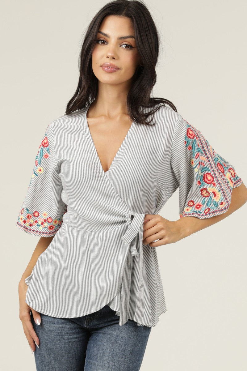 Embroidered Striped Wrap Top