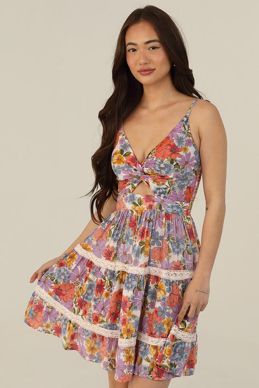 Twist Front Lace Trim Floral Print Sundress