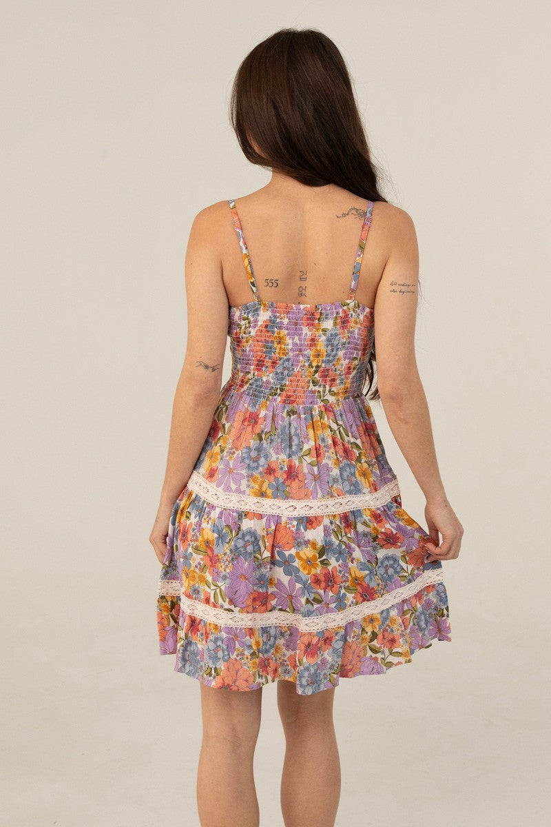 Twist Front Lace Trim Floral Print Sundress