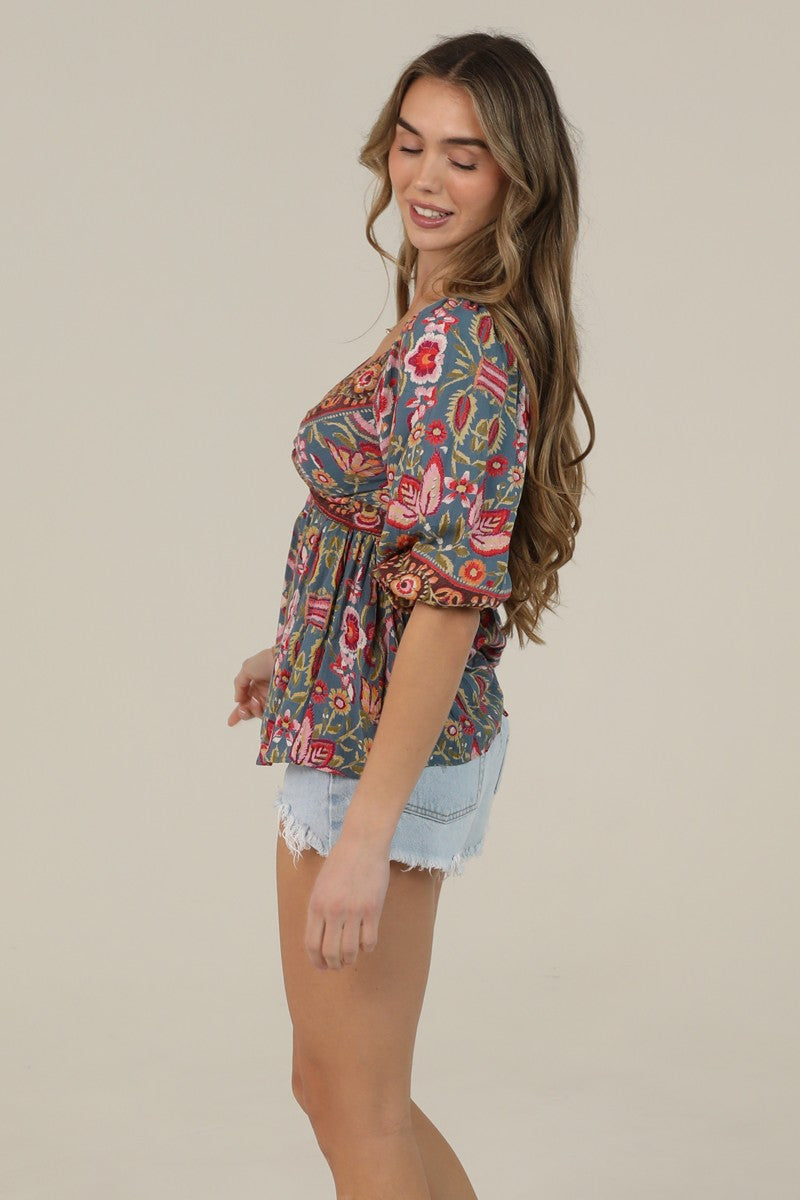 V Neck Twist Front Half Sleeve Printed Blouse