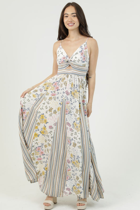 Twist Front Floral Stripes Print Mix Godet Maxi Dress