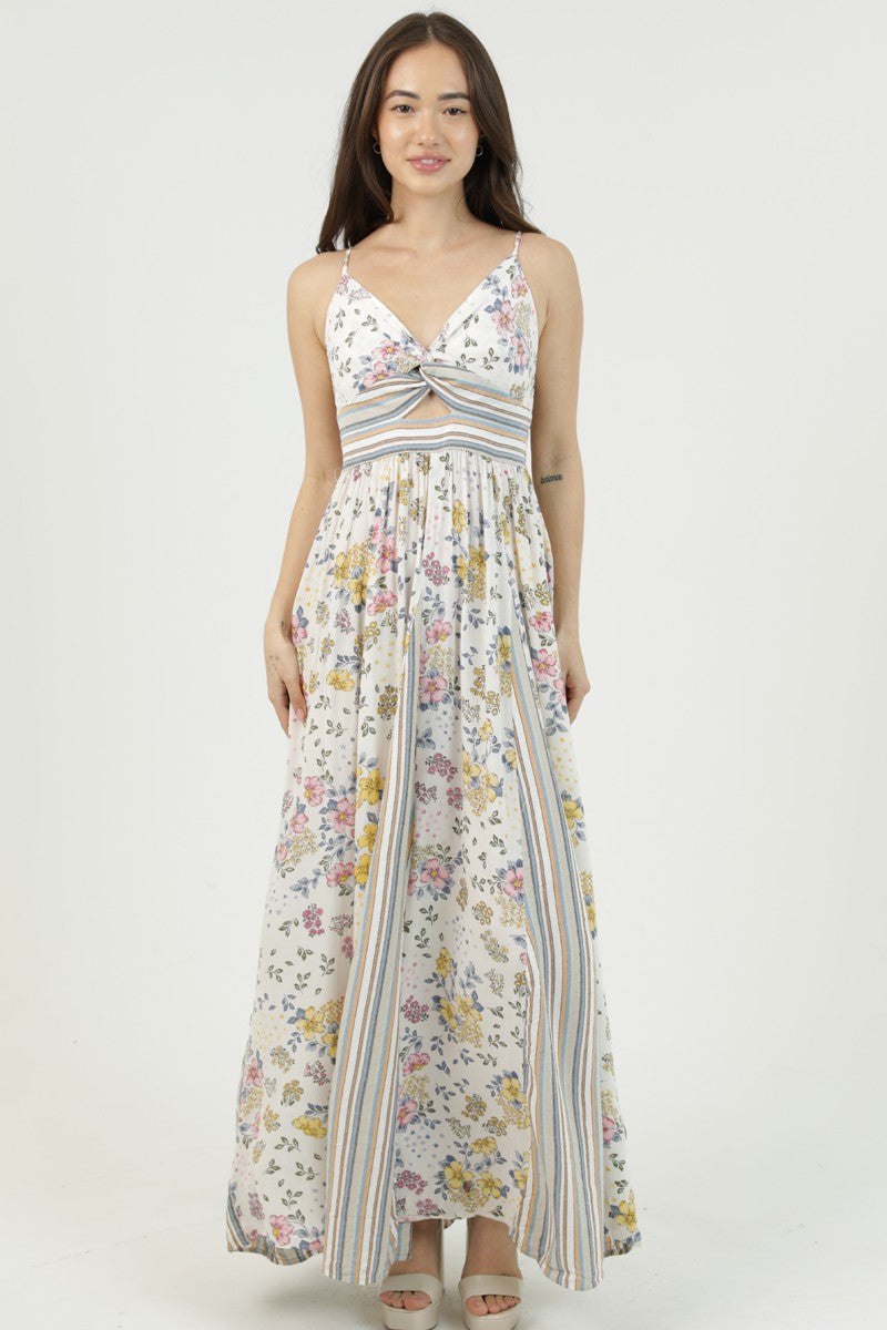 Twist Front Floral Stripes Print Mix Godet Maxi Dress