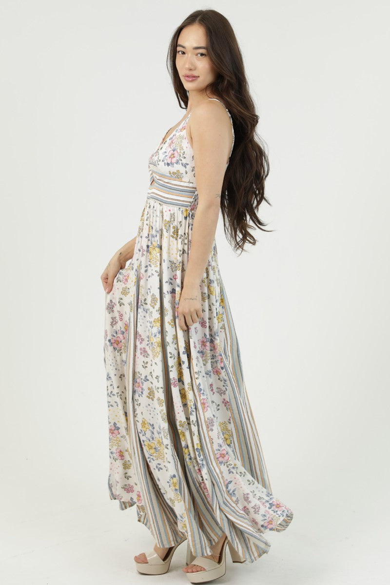 Twist Front Floral Stripes Print Mix Godet Maxi Dress
